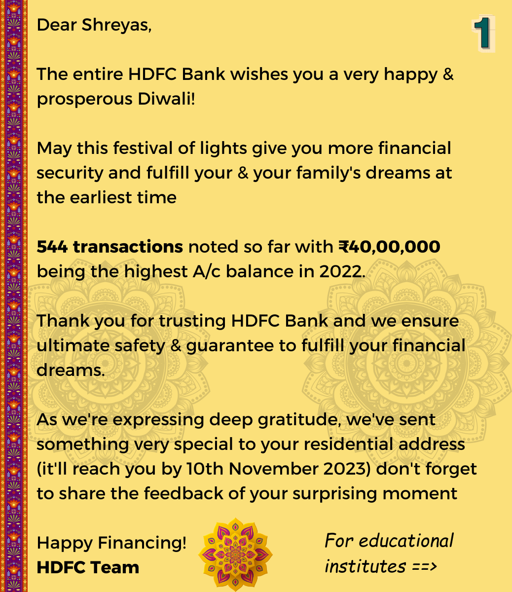 email from bank wishing Happy Diwali