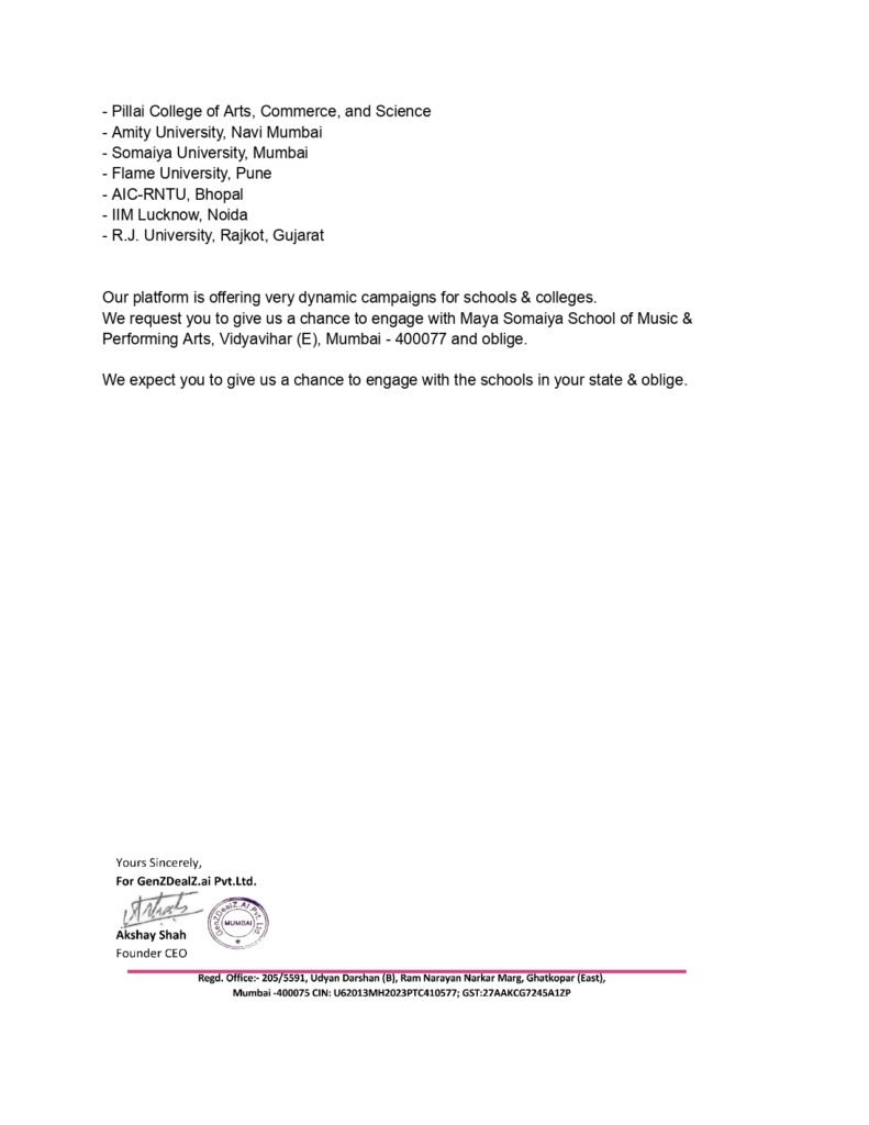 LifeVitae Proposal to Maya Somaiya School of Music & Performing Arts